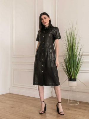 Купить Кожаное платье с пуговицами чёрного цвета размер М и доставка по Украине