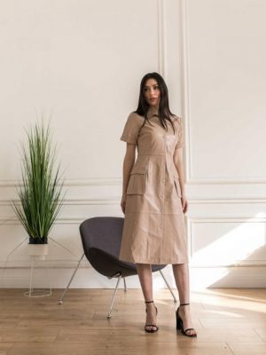 Купить Кожаное платье из натуральной кожи бежевого цвета размер M и доставка по Украине