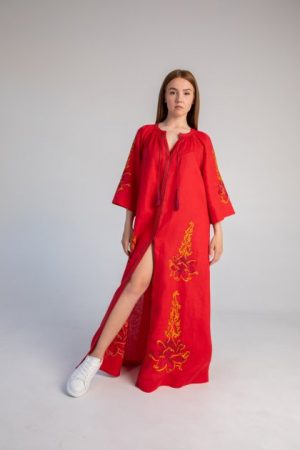 Купить Платье с вышивкой Svetlana Tikhonova HabitU Винница Лотос лонг красный/золото M (ПЛЛК0001) и доставка по Украине