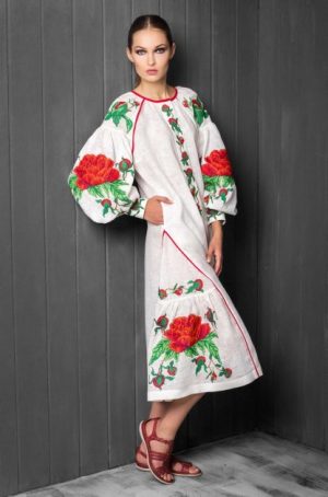 Купить Платье вышитое HISTROV PION с цветами 44-46 Белое 18103 и доставка по Украине