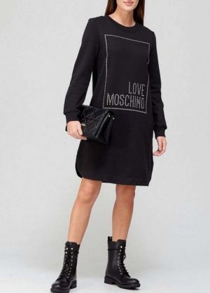 Купить Черное женское платье свитер с логотипом и заклепками Love Moschino 40 IT Mch0003 и доставка по Украине