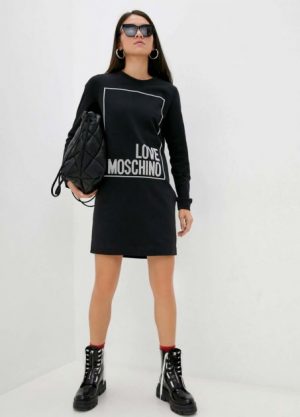Купить Утепленное черное женское платье свитер с апликацией-логотипом Love Moschino 42 IT Mch0004 и доставка по Украине