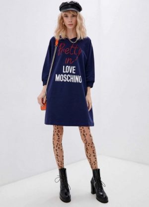 Купить Утепленное темно-синие женское платье свитер с логотипом Love Moschino 46 IT Mch0005 и доставка по Украине