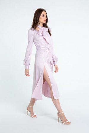 Купить Платье миди из лилового атласа с шарфом S и доставка по Украине