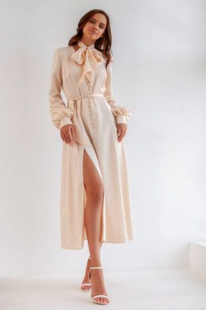 Купить Платье миди из нежного атласа с шарфом S и доставка по Украине