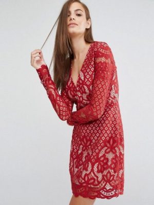 Купить Мини-платье с длинным рукавом и V-образным вырезом Stylestalker AS120620-3 XS (79827XS) Красный и доставка по Украине